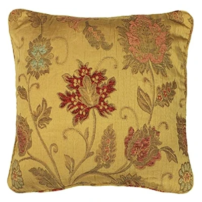Image of Riva Paoletti Zurich Feather Filled Cushion Yellow Decorative Floral Jacquard Design Piped Edges Reversible 100 Case (22&quot; x 22&quot; inches) Designed in The UK, Polyester, Gold, 55 55cm