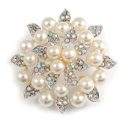 Image of Avalaya Stunning Wedding Imitation Pearl AB Crystal Corsage Brooch (Silver Tone)