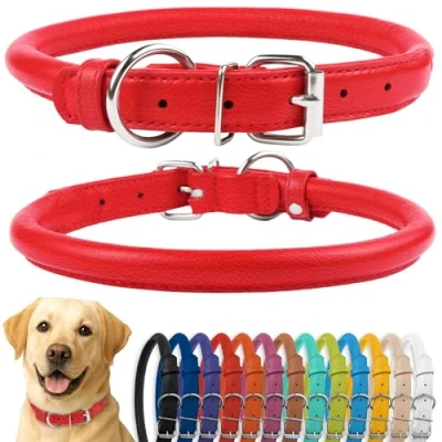 Image of CollarDirect Rolled Leather Dog Collar, Soft Padded Round Puppy Handmade Genuine Collar Small Large Cat Collars Black Pink Red Purple Blue (Fits 20&quot; 23&quot; Neck, Red)