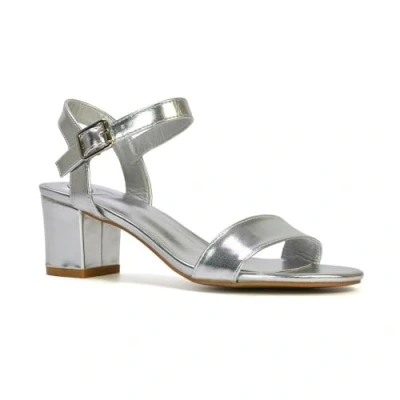Image of ESSEX GLAM Womens Ankle Strap Sandals Ladies Mid Low Block Heel Strappy Peep Toe Silver Metallic Party Shoes Size 8