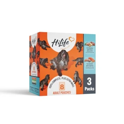Image of HILife Adult Wet Dog Food, Mixed Chicken &amp; Fish Recipes, Complete Food Pouches, 100% Natural Ingredients, Tuna / Salmon (24 x 150g Pouches)