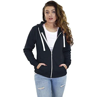 Image of True Face Ladies Hoodie Zip Up Plain Womens Sweatshirt Fleece Full Zipper Hooded Long Sleeve Zipped Top Navy XL X Large
