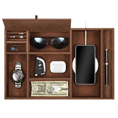 Image of SITHON Valet Tray Desktop Organizer 8 Compartments Catchall EDC PU Leather Bedside Vanity Nightstand Caddy Coin Box Key Jewelry Storage Organizer, (Brown)