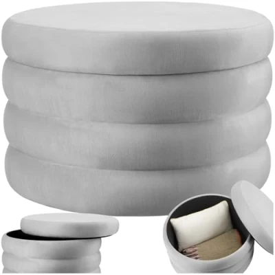 Image of TecTake® XL Storage Stool in Scandi Style with Velvet Look Cover &amp; Space, Ottoman Padded Seat Sturdy MDF Frame, No Assembly, Footstool for Bedroom Living Room Grey