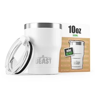 Image of Beast Tumbler 300 ml (10 oz), White Reusable Stainless Steel, Vacuum Insulated Cup Double Wall Travel Flask Perfect for Hot or Iced Coffee BPA Free