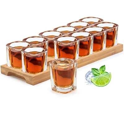 Image of Shot Glasses Set of 12 Glass with Tray 2oz/60ml Bulk Square and Holder Stand Organizer Crystal Cups 12pcs for Liquor Shots Tequila Whisky Brandy Vodka Rum Home Bar