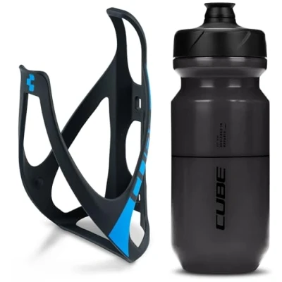 Image of Cube HPP Cage Matt Black/Blue &amp; Icon Bottle Black, 500ml / Water Drink Flask Vessel Bidon Holder Mount Bracket Kit Lightweight Plastic Drinking Hydration Biking Bike Riding Frame Accessories