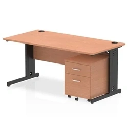 Image of Impulse 1600x800 Desk Beech/Black Cable Managed 2 Drawer Mobile Ped