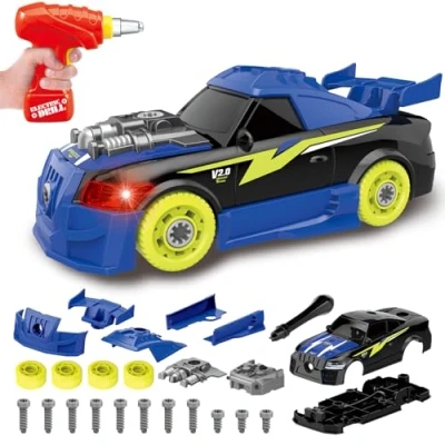 Image of Pup Go Take Apart Toy Racing Car, 2 In 1 Easy Build Your Own Drill and Power Tools, Gifts Present Children Construction Building Toys for Age 3 Year Old Boy Kids (4 Spare Screws Included)