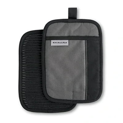 Image of KitchenAid Beacon Two Tone Non Slip Pot Holder Set, Contour Silver/Onyx Black, 7&quot;x10&quot;, 2 Piece