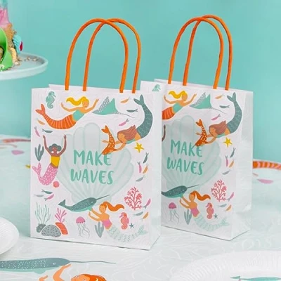 Image of Talking Tables Mermaid Paper Bags with Handles Eco Friendly Kids Birthday Party Tableware Decorations Under The Sea Themed Celebrations or Baby Shower 8 Pack, WAVESPARTYBAG