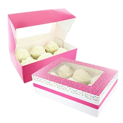 Image of Baked with Love 6/12 Cupcake Box, Twin Pack, Pink Sprinkles Windowed Boxes to Carry Tasty Treats, Includes Dual Insert for 6 Standard Cupcakes or 12 Mini Cupcakes, Pack of 2