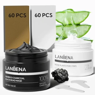 Image of LANBENA 2 Pack Pore Strips: 2% Salicylic Acid BHA Nose Strips + Bamboo Charcoal Blackhead Peel Off Mask Deep Cleansing, Purifying Treatment for &amp; Oil Removal, Plant Based Skincare Duo