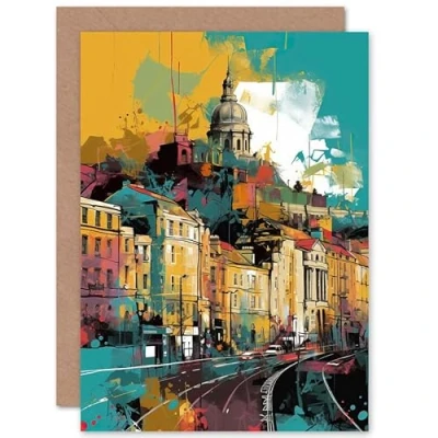 Image of Artery8 Nottingham City Modern Multicoloured Cityscape Travel Birthday Sealed Greeting Card Plus Envelope Blank inside