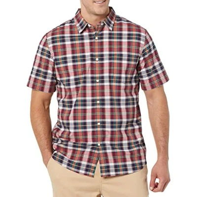 Image of Amazon Essentials Men&#039;s Slim Fit Short Sleeve Poplin Shirt, Navy Red White Plaid, XXL