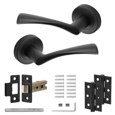Image of Decoranddecor Apex Matt Black Lever On 54mm Rose Door Handles Internal Curved Design Aluminium Latch and Hinge Kit