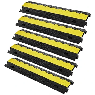 Image of VEVOR 5 PCs Cable Protector Ramp, 2 Channel, 22000 lbs/axle Capacity Heavy Duty TPU Wire Cover Ramp Hose Driveway, Traffic Speed Bump with TPR Flip Open Top Cover, for Indoor &amp; Outdoor