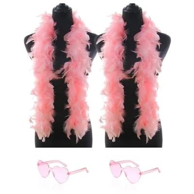 Image of db11 2 Pcs Feather Boas with Heart Rimless Sunglasses，4 ft Boa Halloween Christmas Bachelor Party Pack Accessory (Peach Pink)