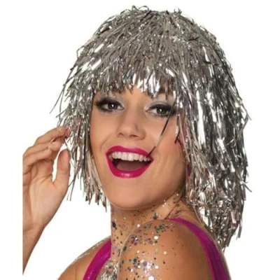 Image of HENBRANDT Silver Adult Women Tinsel Wig Hen Party Disco Fancy Dress Costume Accessory