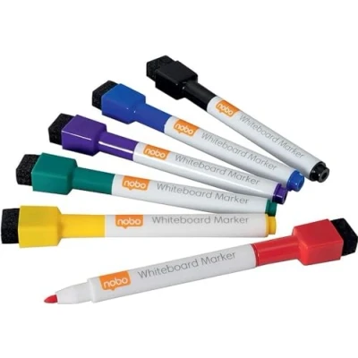 Image of Nobo Mini Whiteboard Pens With Magnetic Eraser Cap, 2mm Fine Tip, Dry Wipe/Erase, Low Odour, Assorted Colours, 1903792, Pack of 1 (6 count)