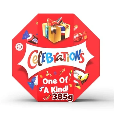 Image of Celebrations Milk Personalised, &#039;One of a Kind&#039; sleeved Chocolate Gift Box Mini Chocolates &amp; Biscuit Bars Centerpiece 385g