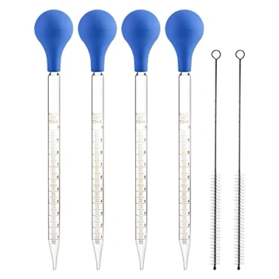 Image of QWORK® Glass Pipette, 4 Pcs 10ml Graduated Dropper Pipette with Rubber Cap and 2Pcs Cleaning Brush