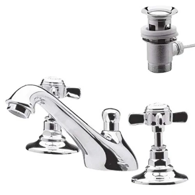 Image of nuie I307X Beaumont Traditional Bathroom Crosshead Handle 3 Tap Hole Basin Mixer with Pop Up Waste, 85 x 50 165mm , Chrome