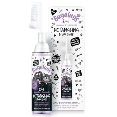 Image of Bugalugs Pet Detangler Foam Comb leave In conditioner Spray for de matting. No tangles. Professional Dog grooming formula with Wheat protein. knot removal (Papaya &amp; Coconut)