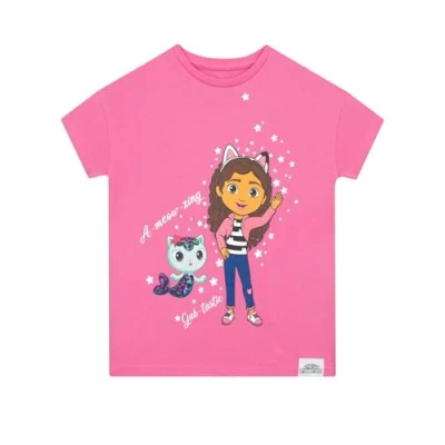 Image of DREAMWORKS Gabby’s Dollhouse Girls Tshirt Gabby and Mercat T Shirt with Glitter Gabbys Clothes for Pink 7 8 Years