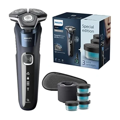 Image of Philips Shaver Series 5000 Wet &amp; Dry Mens Electric with SkinIQ Technology, Pop up Trimmer, Travel Case and 4 x Quick Clean Cartridges 1 Pod (Model S5885/69)