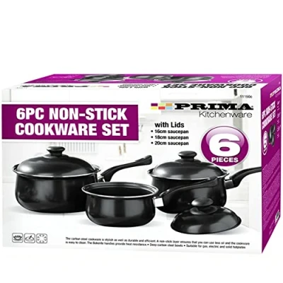 Image of NTI 6 Pcs Black Carbon Steel Saucepan Set Prima Cookware Non Stick with Lids Cooking Pots Home Kitchen Chef Housewarming Gifts Healthy Food Cooker 16/18/20cm Durable UK Free P&amp;P