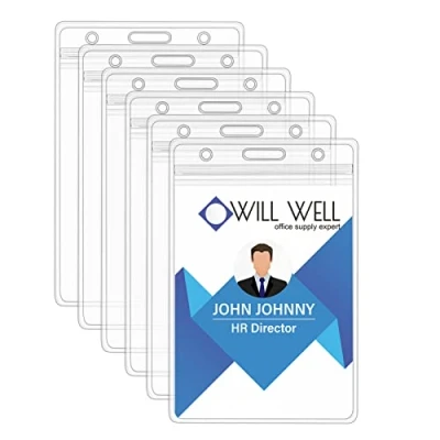 Image of 6 Pcs Extra Thick ID Card Badge Holder, Vertical Clear PVC Holder with Waterproof Resealable Zip Type