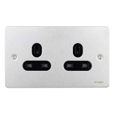 Image of Schneider Electric Ultimate Flat Plate Unswitched Double Power Socket, Single Pole, 13A, GU3260BSS, Stainless Steel with Black Insert