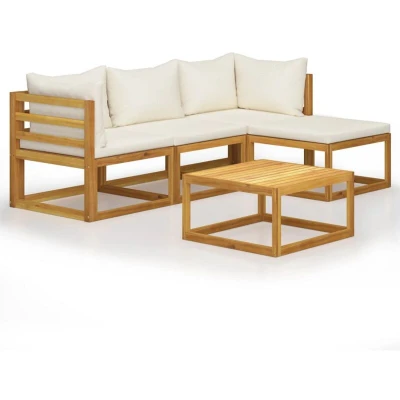 Image of vidaXL Acacia Wood Garden Lounge Set Modular Sofa with Cushions, Coffee Table &amp; Footrest in Cream for Patio/Deck