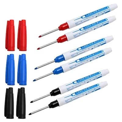 Image of Pilikoll 6 Pcs Long Head Deep Hole Marker Carpenters Pen Fine Tip Permanent Pens Marking Tool for of Hard To Reach Areas (Black Blue Red)