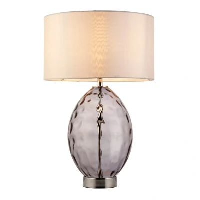 Image of Elin Dimple Table Lamp With Round Shade Grey Tinted Glass, Bright Nickel Plate Vintage White Fabric, 1x E27