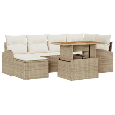 Image of vidaXL 7 Piece Garden Dining Set with Cushions Beige Poly Rattan Acacia