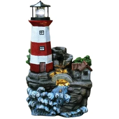 Image of GEEZY Garden Water Feature LED Fountain Indoor/Outdoor Cascading Freestanding Polyresin Statue Lights &amp; Decoration (Lighthouse Fountain)