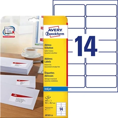 Image of Avery Zweckform J8163 25 Address Labels for DIN Long Envelopes 99.1 x 38.1 mm Sheets