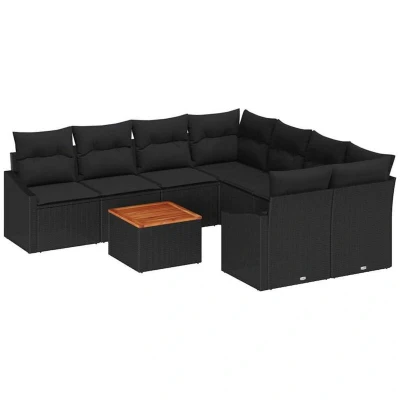 Image of vidaXL 9 Piece Garden Sofa Set with Cushions Black Poly Rattan Acacia