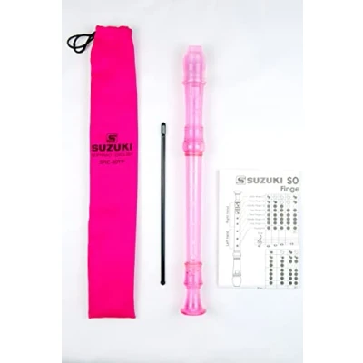 Image of Suzuki Soprano Recorder, Pink, 3piece. English/baroque fingering (Inc. chart, cleaning rod and cloth bag)