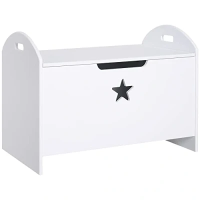 Image of HOMCOM Kids Wooden Toy Box Organizer Children&#039;s Storage with Lid Safety Hinge Side Handle Playroom Furniture White