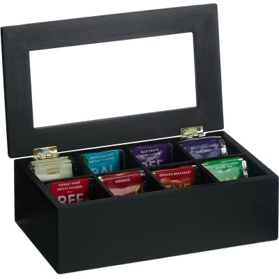 Image of Relaxdays, 8 Compartments, Bamboo, HBT: 9x28x16 cm, Coffee Pods, Tea Box with Lid, Dust Protected, Black, Plastic, 9 x 28 16 cm