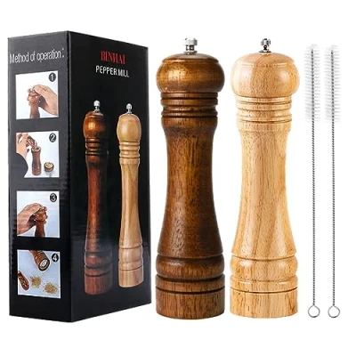 Image of BINHAI Wooden Pepper Mill Set Salt Grinder Kit Manual Mills Solid with Strong Adjustable Ceramic Grinders 2 Piece 8 Inches