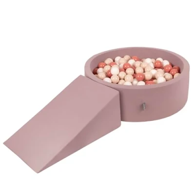 Image of KiddyMoon Foam Playground For Kids With Round Ballpit (200 Balls ∅ 7Cm/2.75In) Soft Obstacles Course And Ball Pool, Heather: Pastel Beige Salmon White