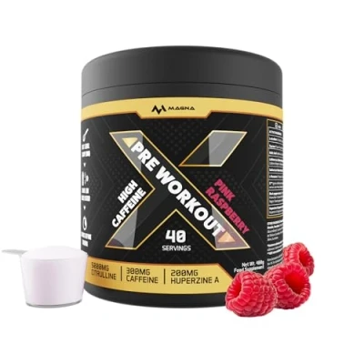 Image of Magna X All in One Pre Workout Powder Drink with Caffeine &amp; Citrulline Pink Raspberry Flavour Makes 40 Drinks (400g)