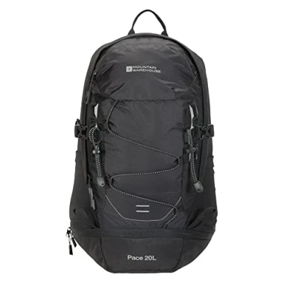 Image of Mountain Warehouse Pace 20L Rucksack Hydration Compatible Backpack, Airflow Back System Rucksack, Packaway Rain Cover Bag for Travelling, Hiking, Camping Black