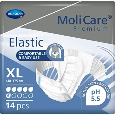 Image of MoliCare Premium Elastic Unisex Disposable Slip: Discreet Use for Woman and Men with Incontinence; 6 Drops, Size XL, 4 Packs of 14 (56 Pieces)