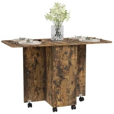 Image of HOMCOM Folding Dining Table for 4 6, Rolling Drop Leaf with Storage Drawers, Cabinet and Open Shelf, Extendable Kitchen on Wheels, Rustic Brown