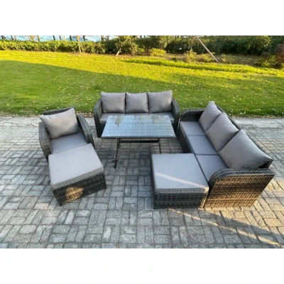 Image of Rattan Garden Furniture Dining Set 9 seater Patio Rectangular Table 2 Big Footstool Dark Grey Mixed Fimous